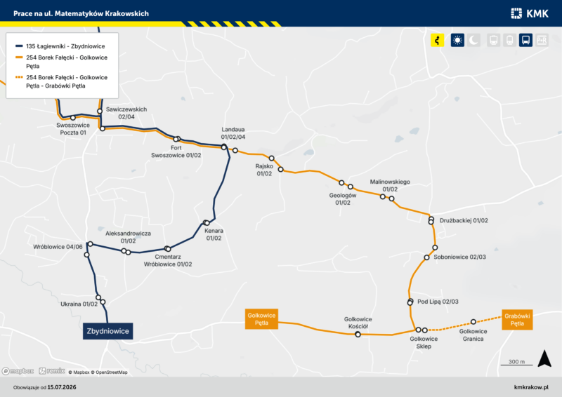 Mapa z&nbsp;tymczasowymi trasami autobusów linii 135 i&nbsp;254
